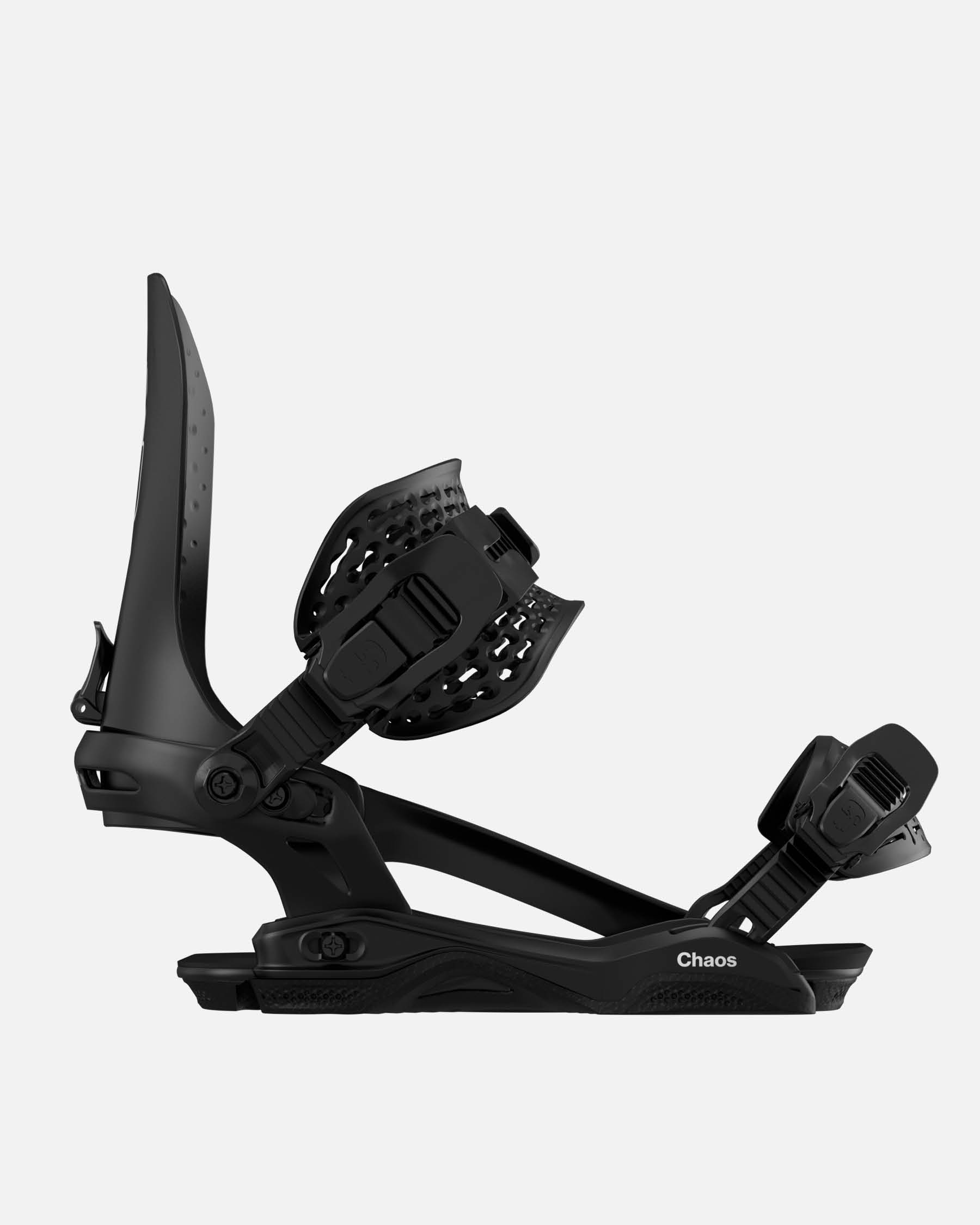 Men snowboarding bindings in black. Chaos Asymwrap 2025 | Bataleon Snowboards™ 2025.